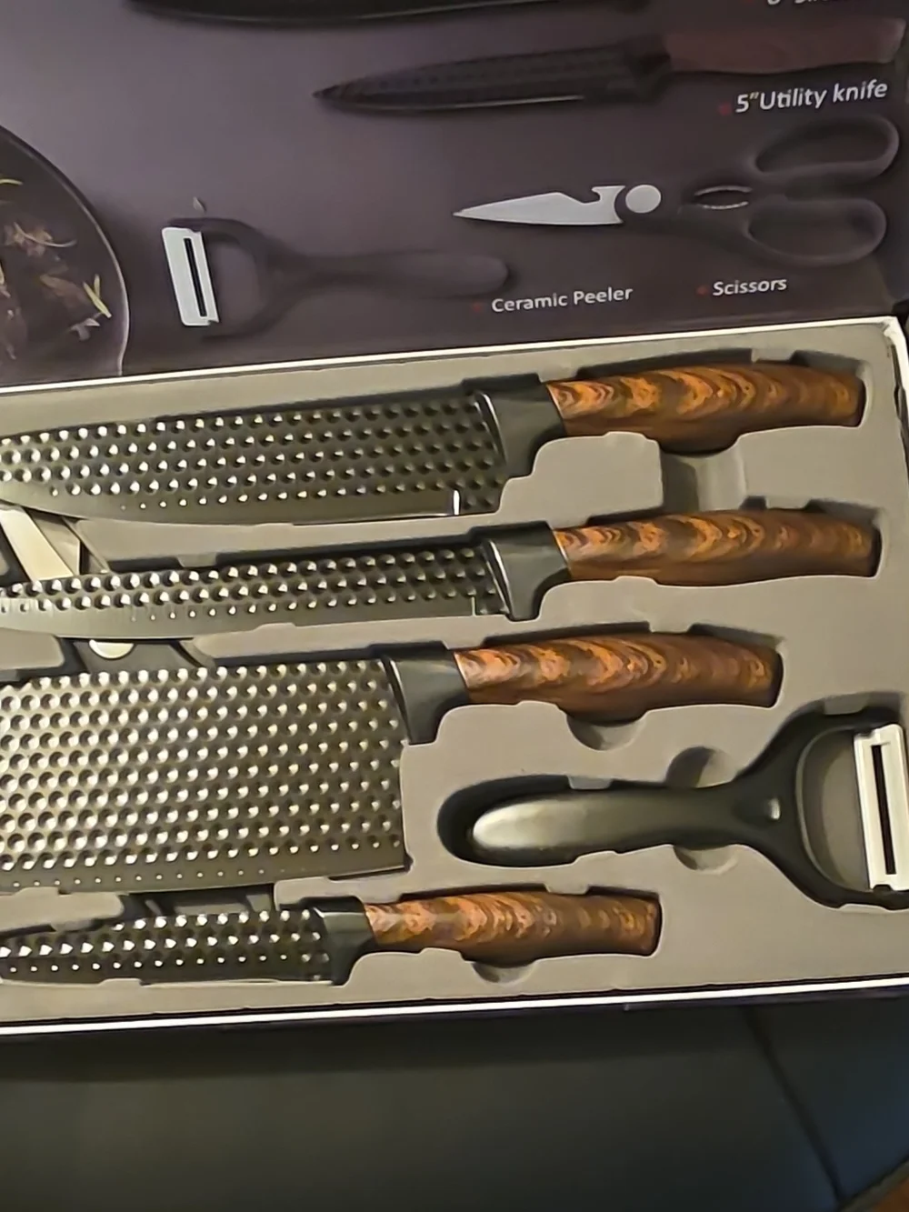 NWT Heesem 6-Pc Black Hammered Kitchen Knife Set Chef Cleaver Slicer